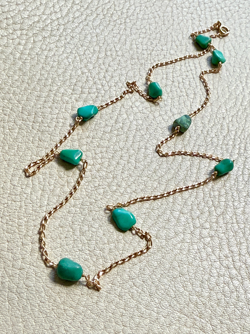Vintage 18k gold curb link necklace with turquoise colored beads - 20.75 inch length