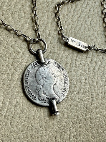 1880 Antique Silver Link Longuard Chain Necklace with Coin Pendant - 61.75 inch length
