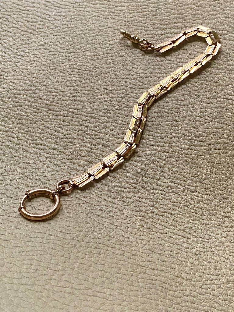 Antique Watch Chain with tiny leaf pattern - 14k gold with 10k rose gold detail