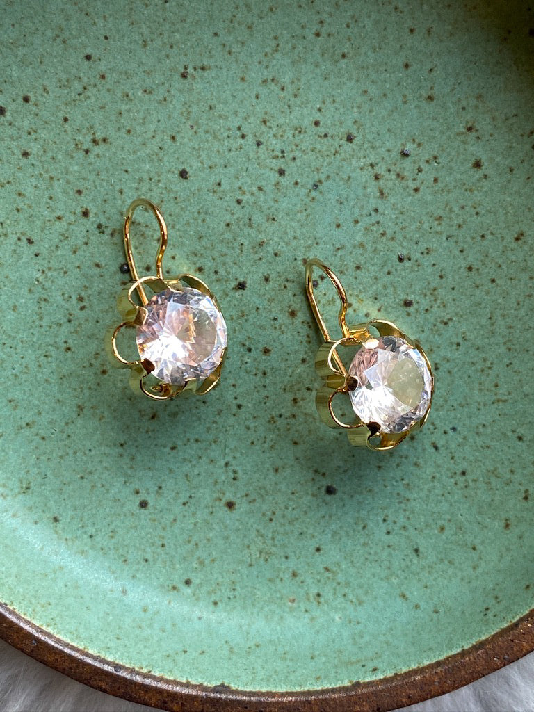 Special and sparkly!! - White topaz and 18k gold Modernist flower earrings - Vintage Scandinavian