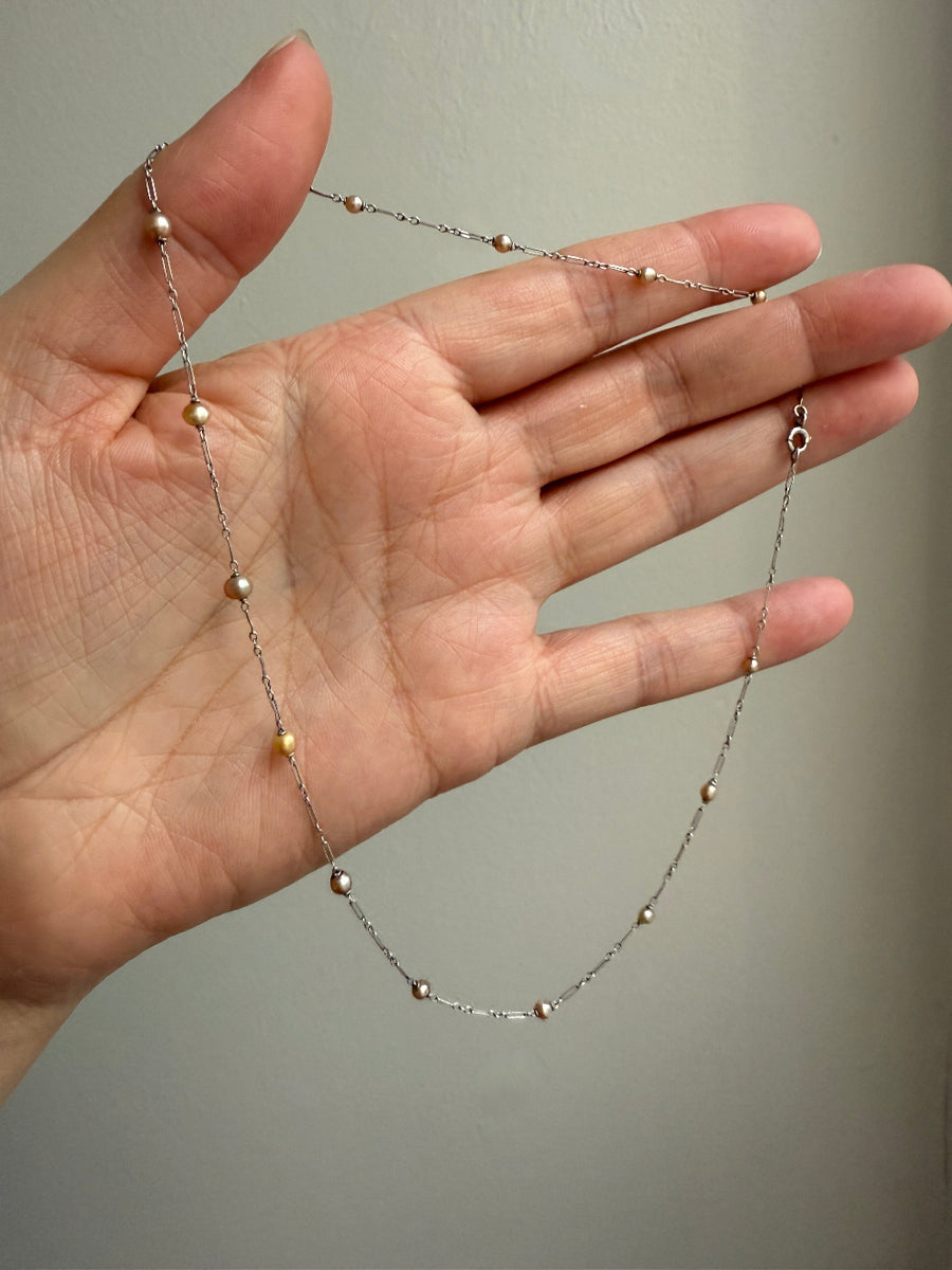 Vintage French Platinum Station Necklace with Pearls  - 15.75 inch length