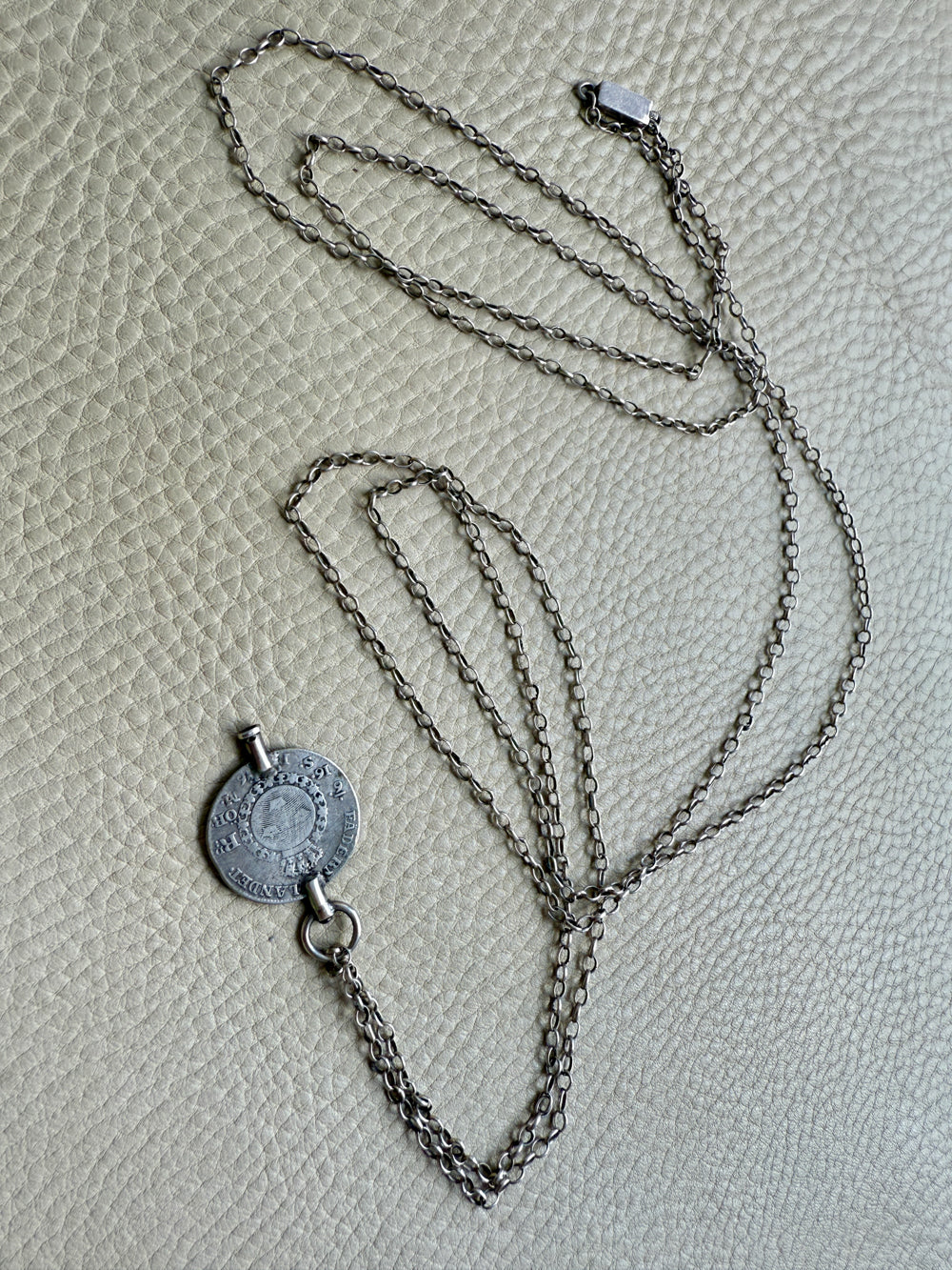 1880 Antique Silver Link Longuard Chain Necklace with Coin Pendant - 61.75 inch length