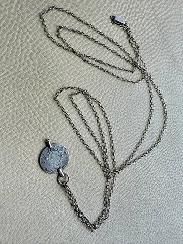 1880 Antique Silver Link Longuard Chain Necklace with Coin Pendant - 61.75 inch length