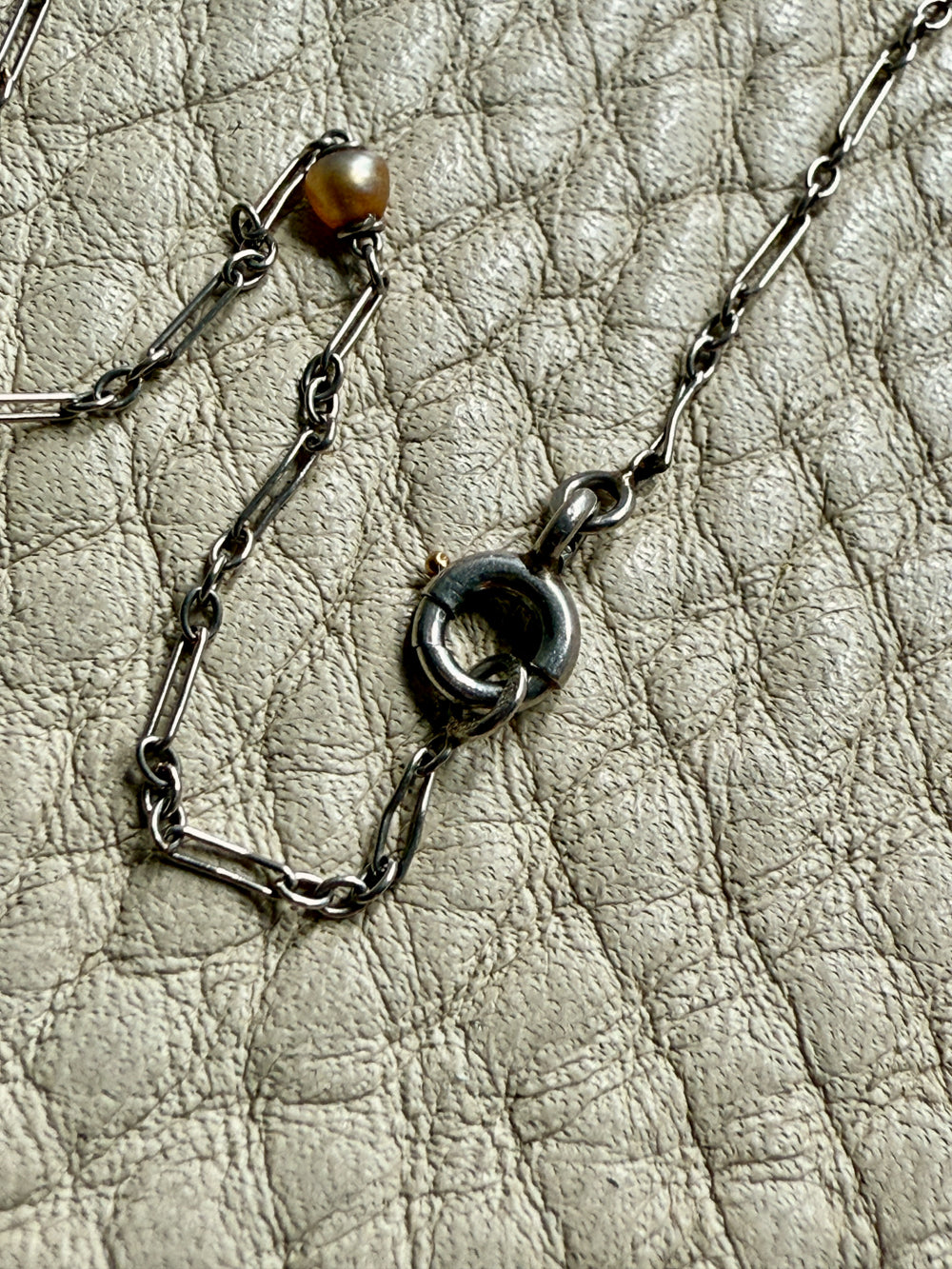 Vintage French Platinum Station Necklace with Pearls  - 15.75 inch length