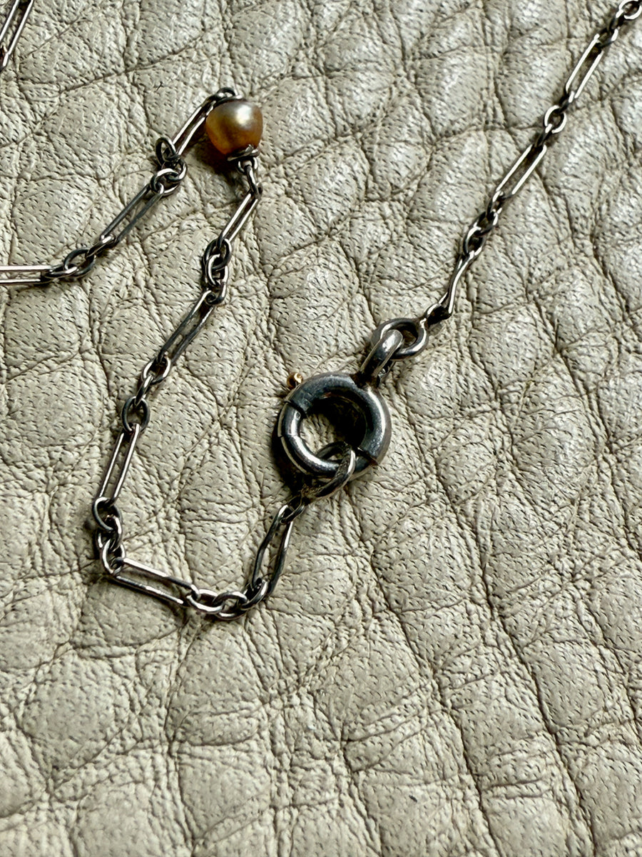 Vintage French Platinum Station Necklace with Pearls  - 15.75 inch length