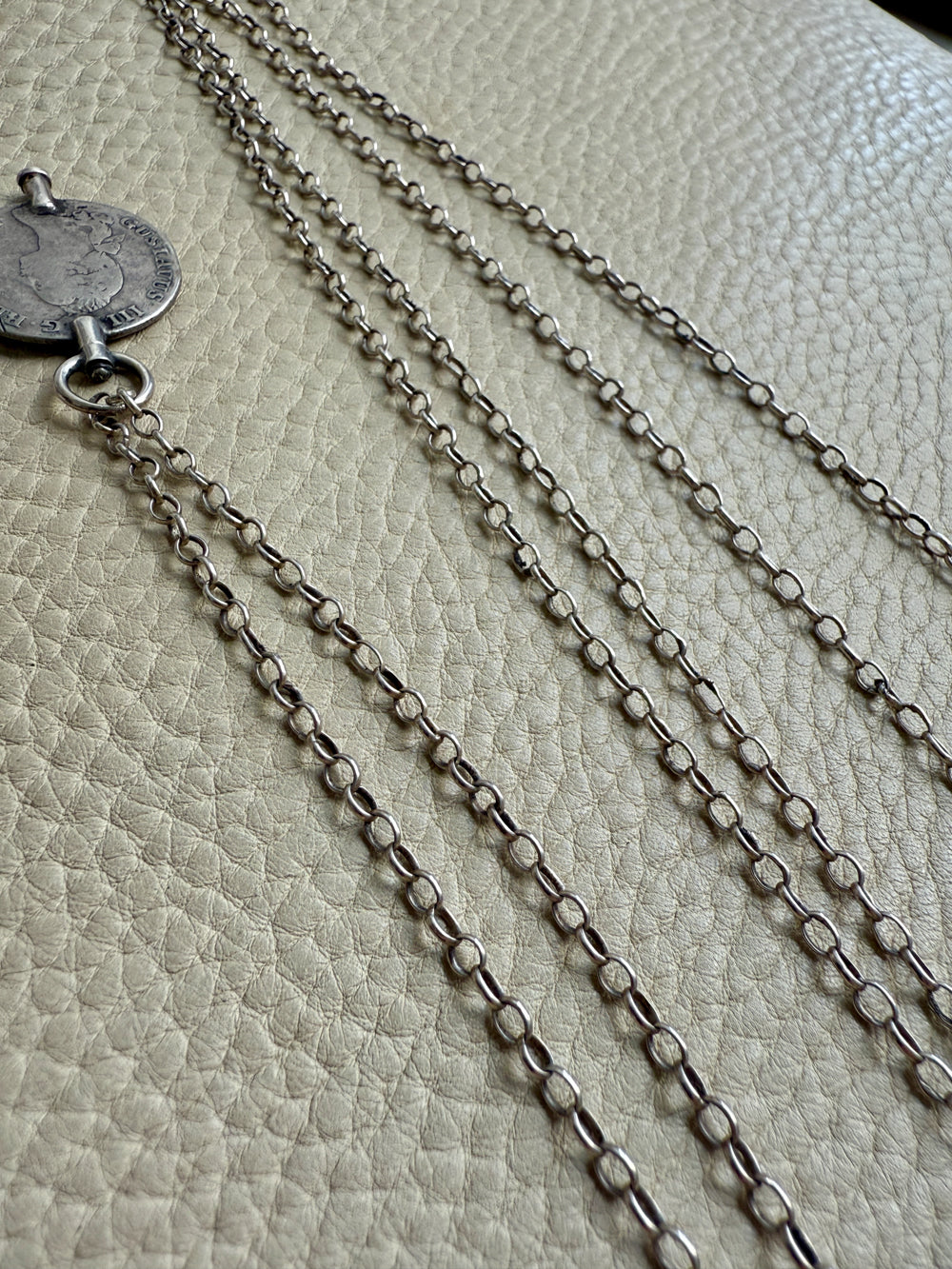 1880 Antique Silver Link Longuard Chain Necklace with Coin Pendant - 61.75 inch length