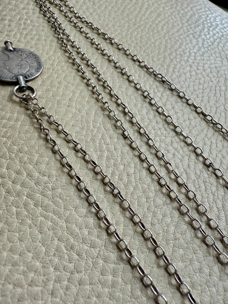 1880 Antique Silver Link Longuard Chain Necklace with Coin Pendant - 61.75 inch length
