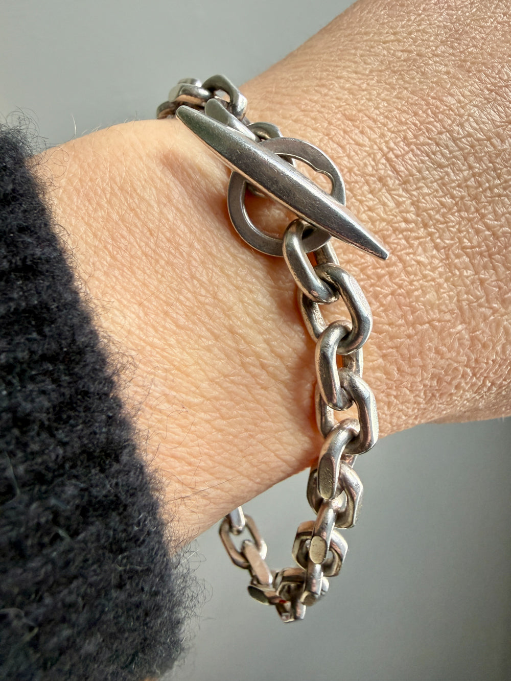 1960-1973 Robert Valentin Olsen - Chunky Silver Biker Link Bracelet with Toggle Clasp - 8.6 inch length