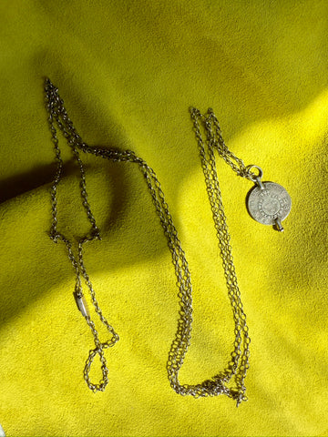 1880 Antique Silver Link Longuard Chain Necklace with Coin Pendant - 61.75 inch length