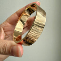 Unique! Architectural Wide 14k Gold Hinged Bangle with Linear Grooves - 6.9 inch oval interior circumference