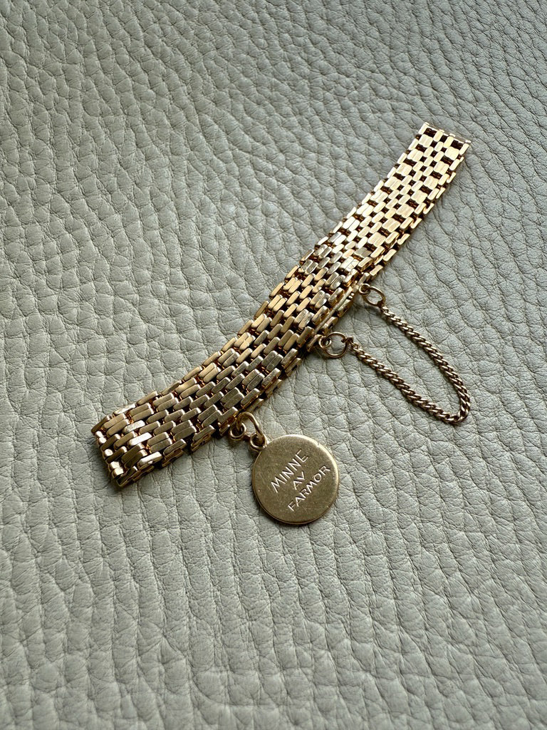 1943 Vintage Silky 18k Gold Wide Link Bracelet with Charm - 6.5 inch length