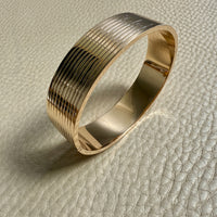 Unique! Architectural Wide 14k Gold Hinged Bangle with Linear Grooves - 6.9 inch oval interior circumference