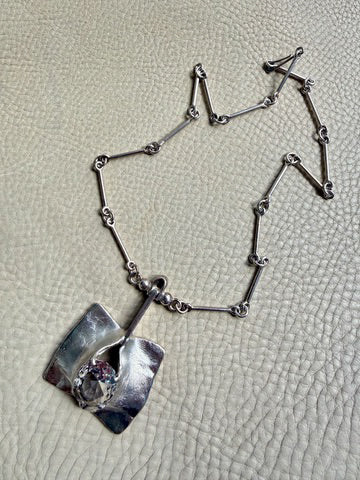 Brutalist Silver Rod Link Necklace with Organic Square Pendant and Large Faceted Crystal Quartz - 20.8 inch length
