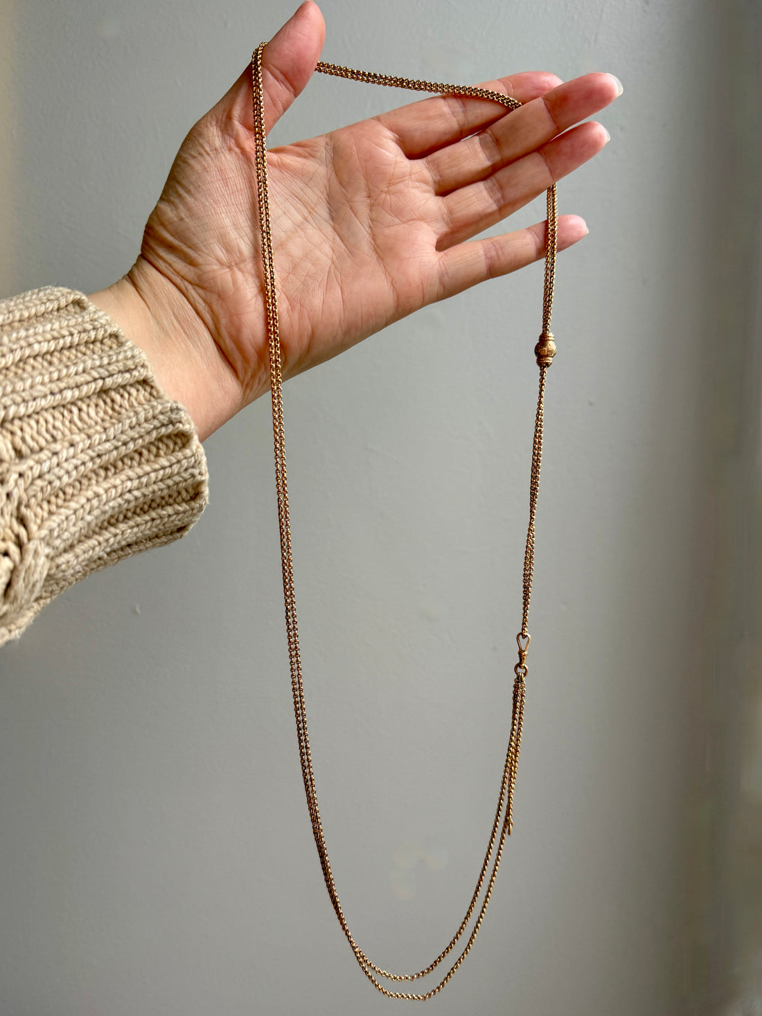 Victorian Era Antique 18k Gold Longuard Belcher Link Chain with Slider & Dog Clip - 33 inch doubled necklace length