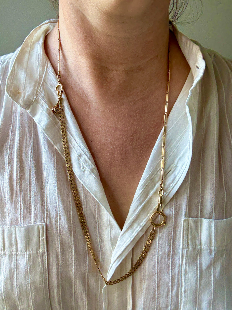18k Gold Bar-Link Watch Chain Necklace with Dog Clip - 17 inch length