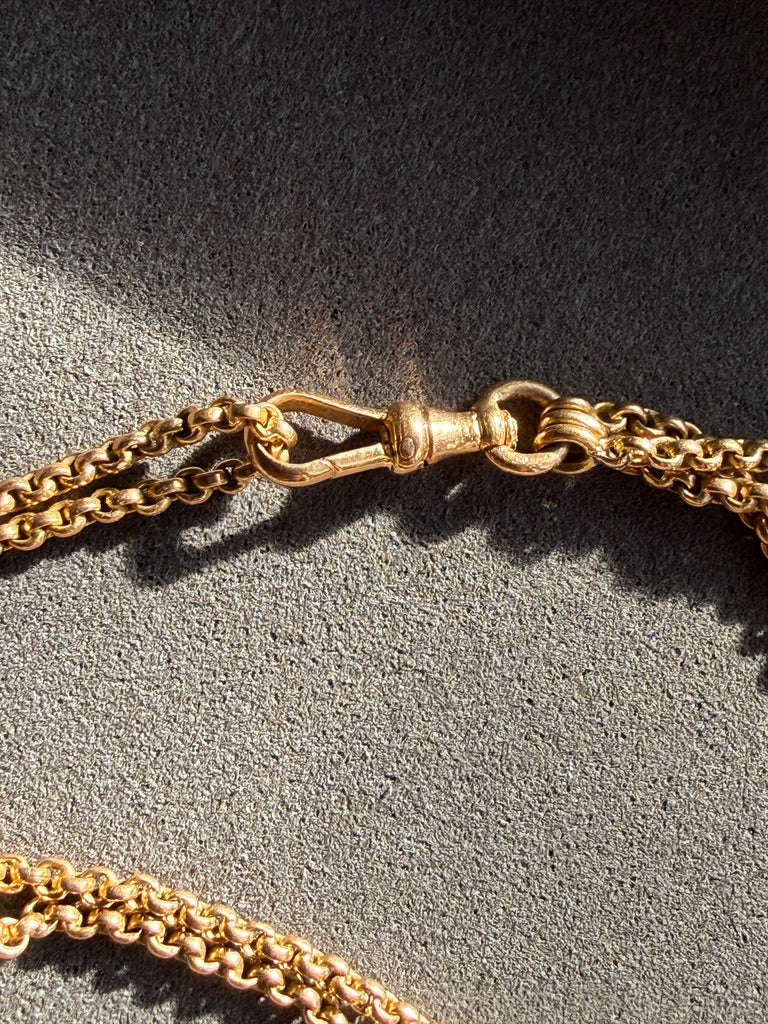 Close-up of a gold chain with a dog clip on a textured gray surface