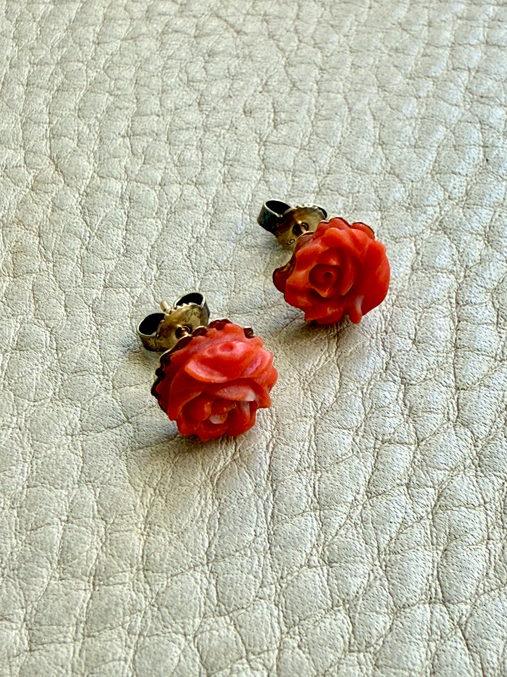 Antique Dutch Carved Coral Flower Stud Earrings in 14k Gold