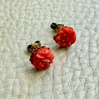 Antique Dutch Carved Coral Flower Stud Earrings in 14k Gold