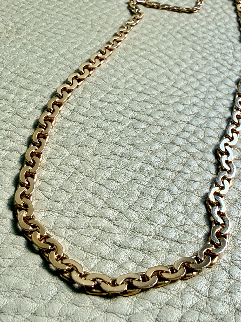 Gold chain necklace on a textured light green surface