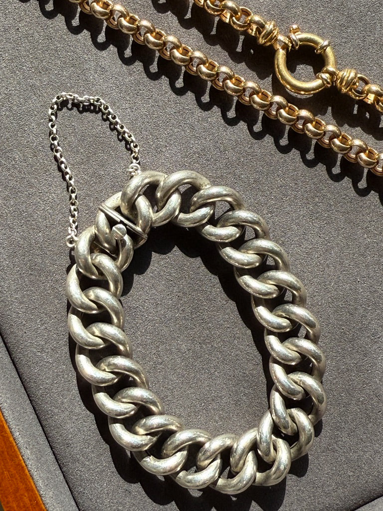 Antique Silver Hollow Puffy Curb Link Bracelet - 6.5 inch interior circumference