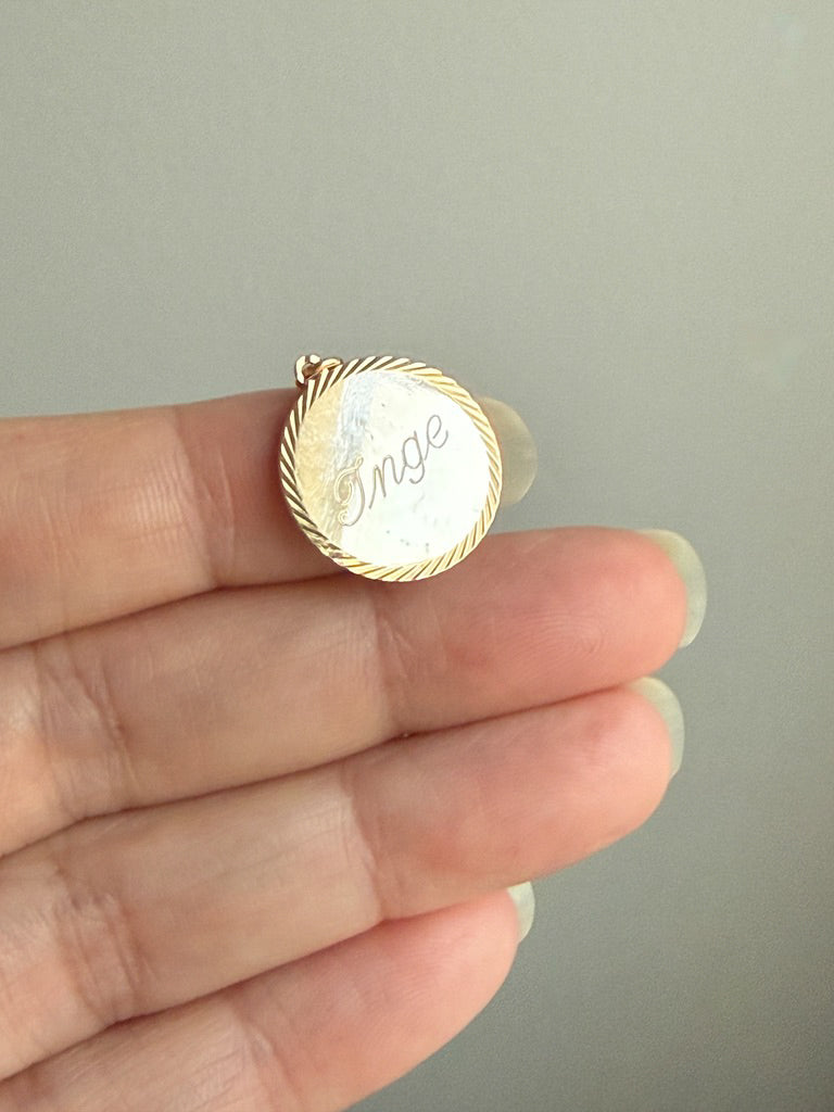 1937 "Inge" 18k Gold Engraved Round Medallion Pendant for Necklace - Scandinavian Vintage