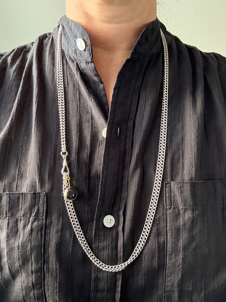 Edwardian era Sterlling Silver Longuard Curb Link Chain with Swivel Dog Clip - 31 inch doubled necklace length adjustable