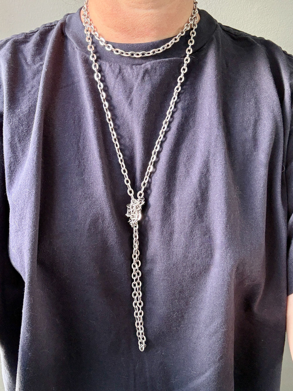 Antique Substantial Silver Oval Cable link Chain Necklace- 59 inch length