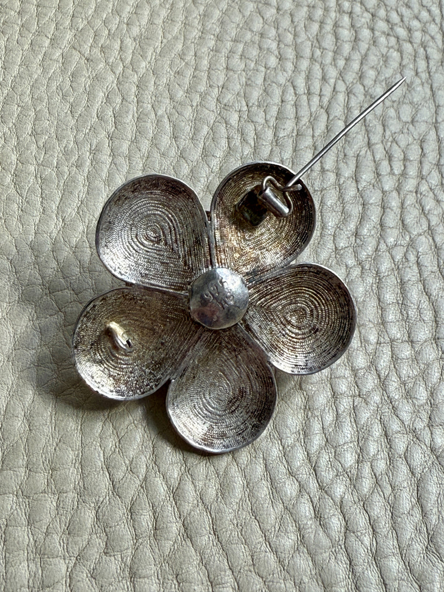 1950s Sterling Silver Filigree Flower Brooch - 1.8 inch diameter