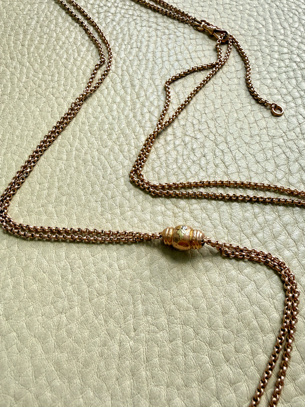 Victorian Era Antique 18k Gold Longuard Belcher Link Chain with Slider & Dog Clip - 33 inch doubled necklace length
