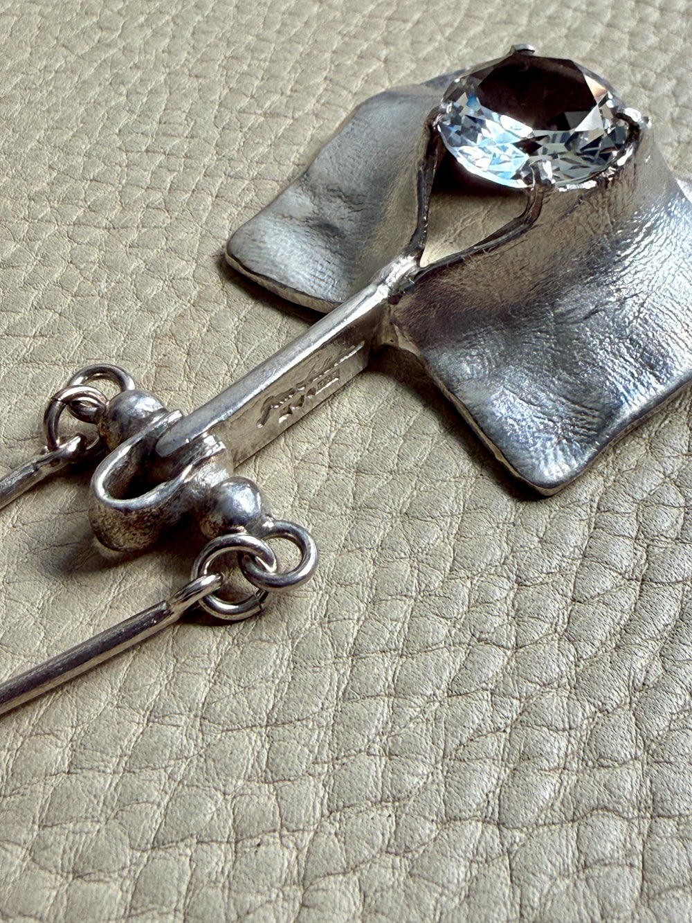 Brutalist Silver Rod Link Necklace with Organic Square Pendant and Large Faceted Crystal Quartz - 20.8 inch length