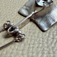 Brutalist Silver Rod Link Necklace with Organic Square Pendant and Large Faceted Crystal Quartz - 20.8 inch length