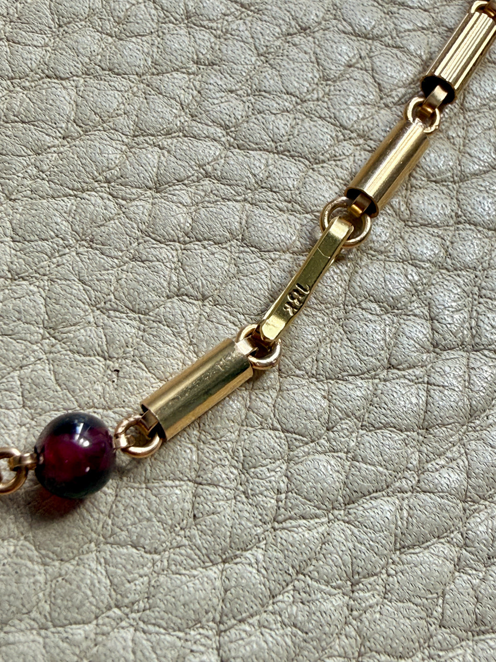 clasp detail vintage 18k gold and garnet long station necklace 