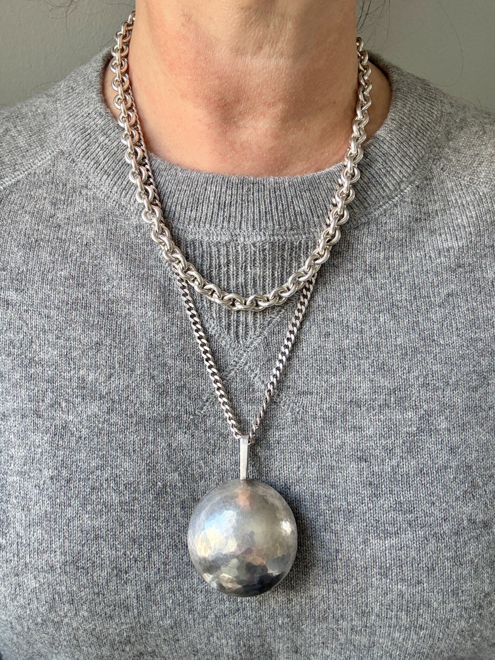 Vintage Silver Hammered Orb Pendant with Substantial Curb Chain - 23.8 inch length