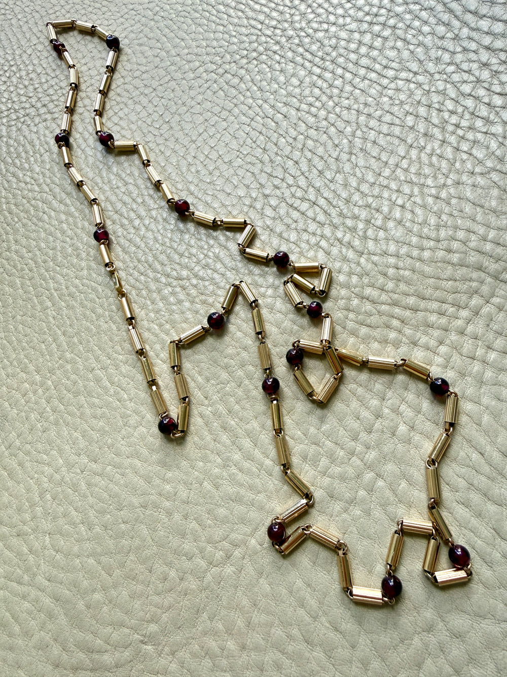 Long Length Vintage 18k Gold Fluted Tubular Link Station Necklace with Garnets- 32 inch length