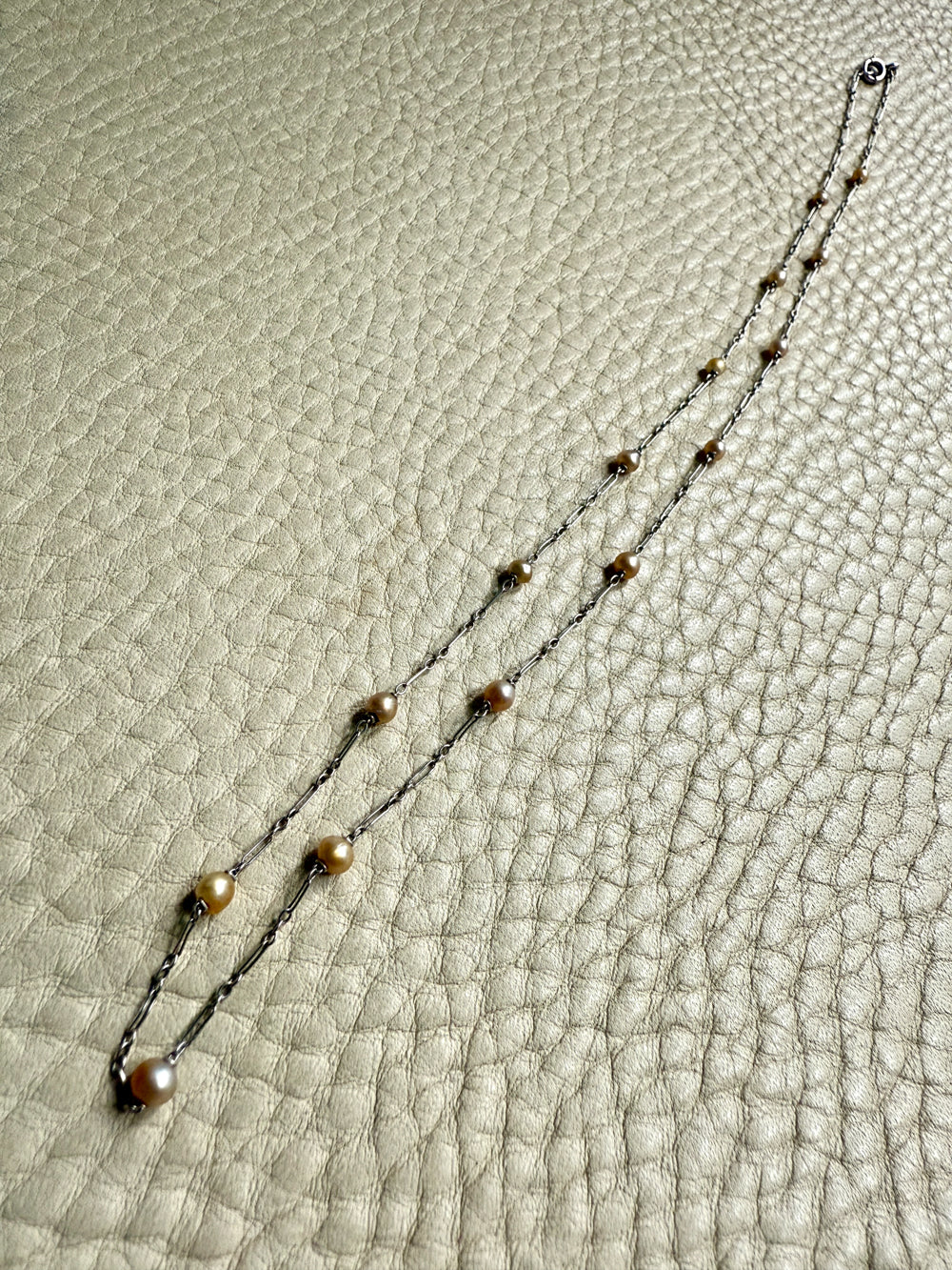 Vintage French Platinum Station Necklace with Pearls  - 15.75 inch length