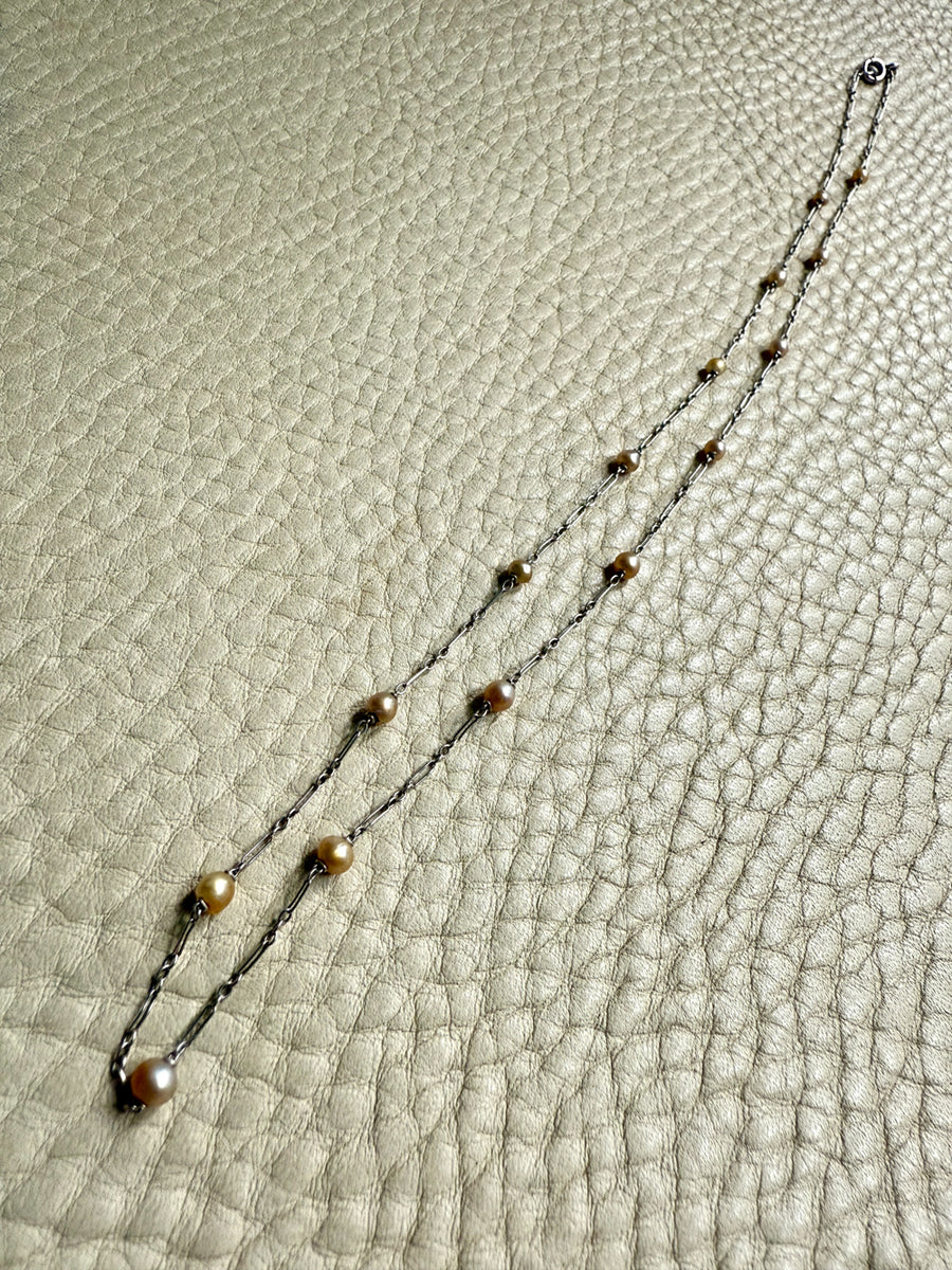 Vintage French Platinum Station Necklace with Pearls  - 15.75 inch length