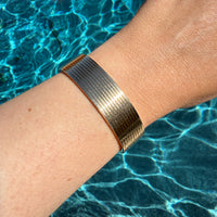 Unique! Architectural Wide 14k Gold Hinged Bangle with Linear Grooves - 6.9 inch oval interior circumference