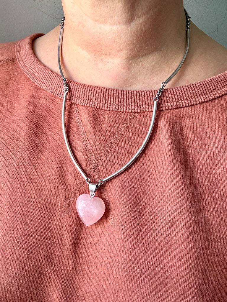 Rose Quartz Heart Pendant in Sterling Silver – 1.4 Inch Drop