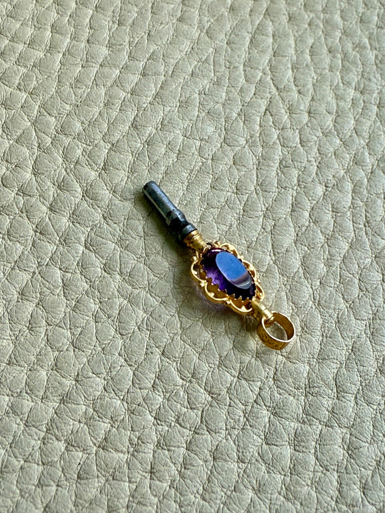 1830 Antique 18k Gold and Purple Amethyst Articulated Pocket Watch Key Pendant Fob
