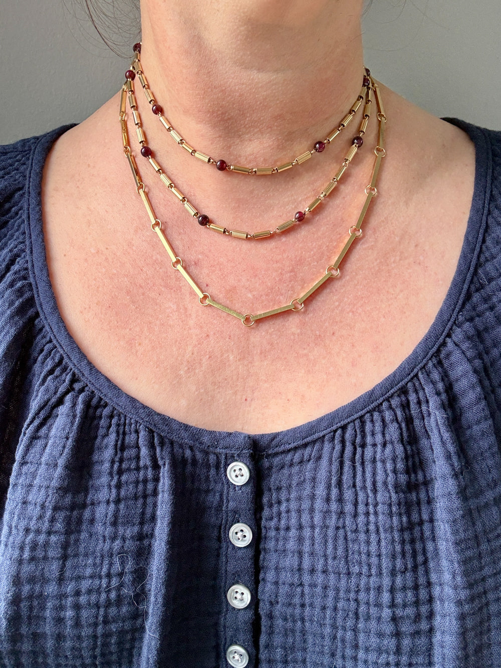 Long Length Vintage 18k Gold Fluted Tubular Link Station Necklace with Garnets- 32 inch length