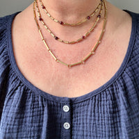 Long Length Vintage 18k Gold Fluted Tubular Link Station Necklace with Garnets- 32 inch length