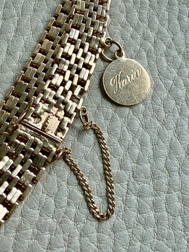 1943 Vintage Silky 18k Gold Wide Link Bracelet with Charm - 6.5 inch length