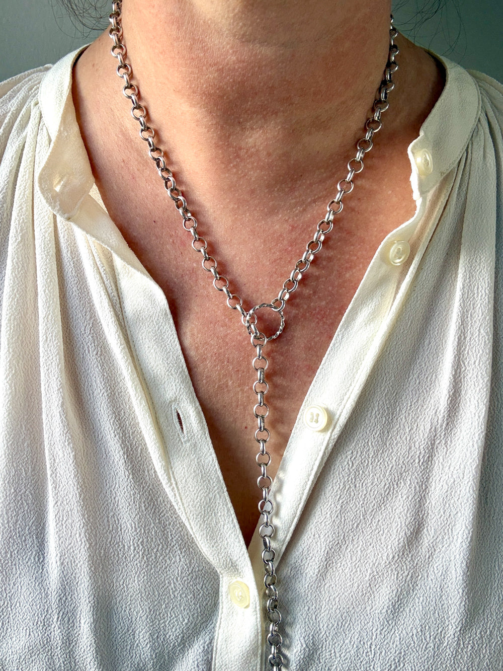 1941 Vintage Swedish Silver Lariat Rolo Necklace – 26.5 Inch Adjustable Length