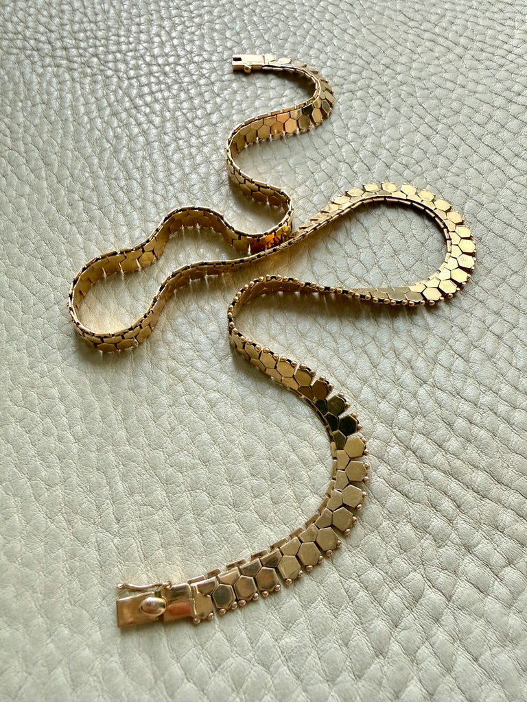 Vintage Italian Hexagon Mirror Link Chain Necklace 18k Gold – 16.75 Inch Length