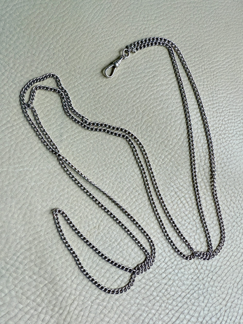 Edwardian era Sterlling Silver Longuard Curb Link Chain with Swivel Dog Clip - 31 inch doubled necklace length adjustable