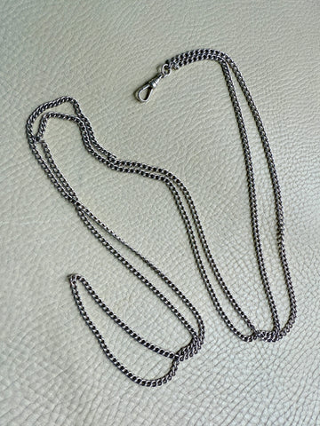 Edwardian era Sterling Silver Longuard Curb Link Chain with Swivel Dog Clip - 31 inch doubled necklace length adjustable