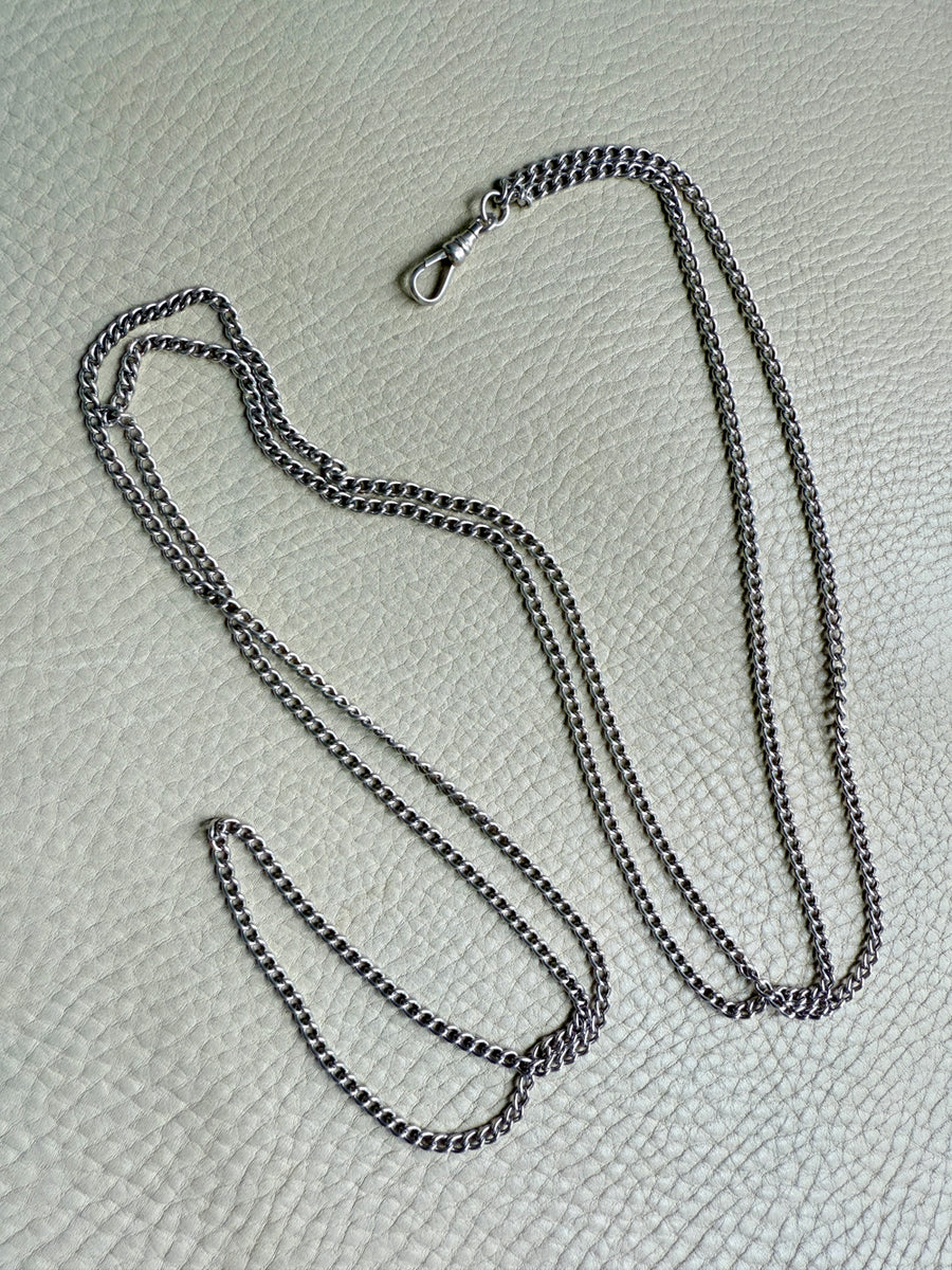 Edwardian era Sterlling Silver Longuard Curb Link Chain with Swivel Dog Clip - 31 inch doubled necklace length adjustable