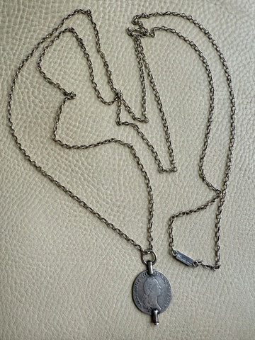 1880 Antique Silver Link Longuard Chain Necklace with Coin Pendant - 61.75 inch length