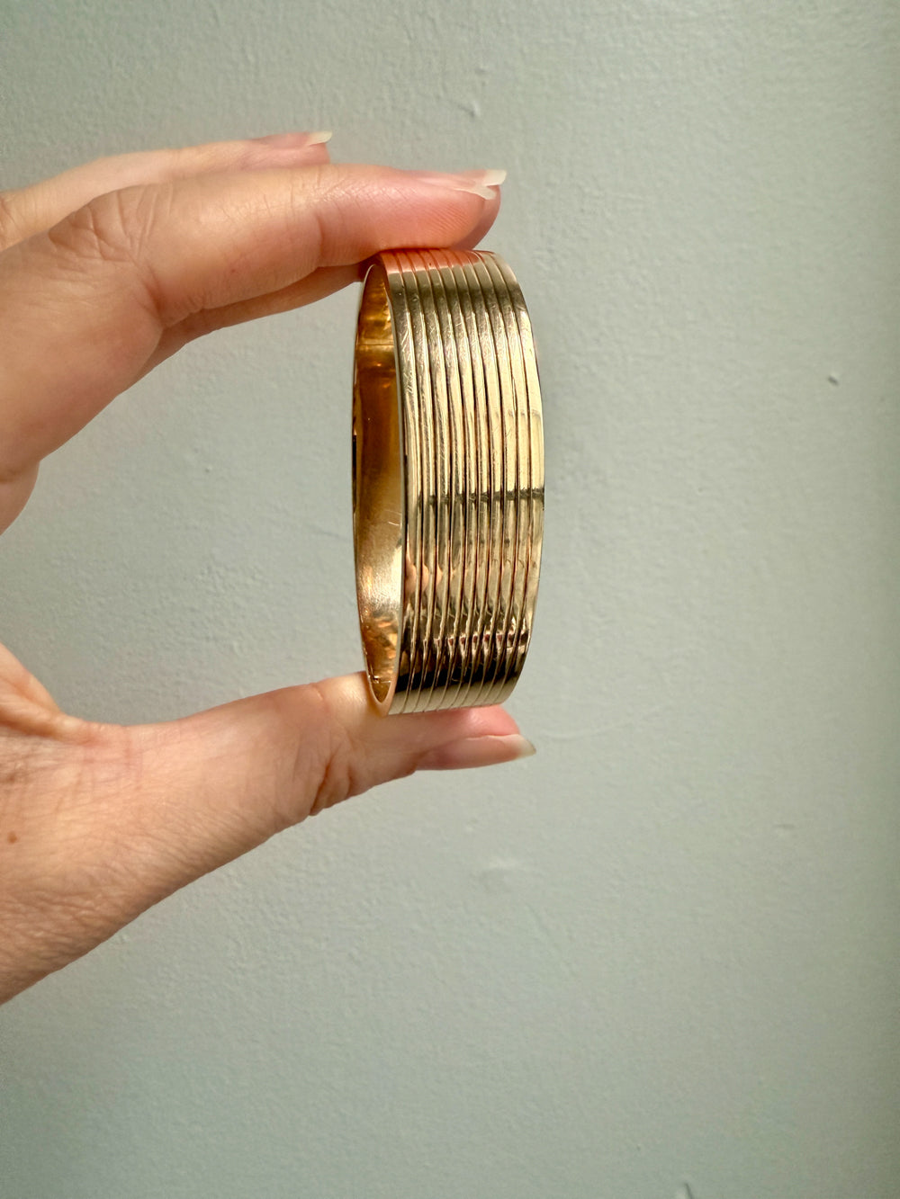 Unique! Architectural Wide 14k Gold Hinged Bangle with Linear Grooves - 6.9 inch oval interior circumference