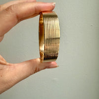 Unique! Architectural Wide 14k Gold Hinged Bangle with Linear Grooves - 6.9 inch oval interior circumference